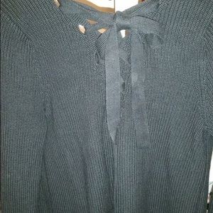 Loft Cropped Tie Back Black Knit Sweater